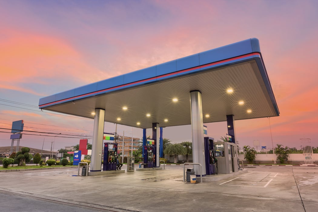 Gas station at sunset.